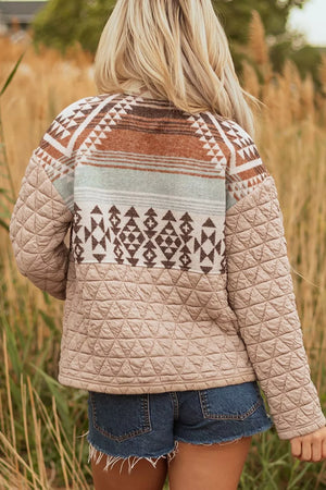 Aztec Quilted Patchwork Western Jacket in Camel, model styling view