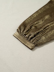 Textured gold blouse with 3/4 sleeves and a crinkled finish.