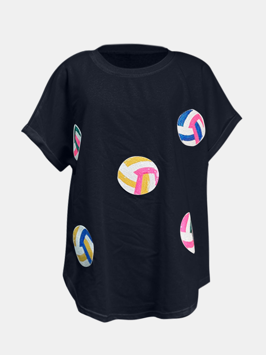 Black t-shirt with colorful sequin volleyball graphics and short sleeves.