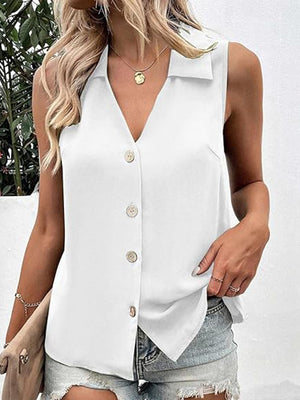 White sleeveless collared button-down blouse with a V-neckline.