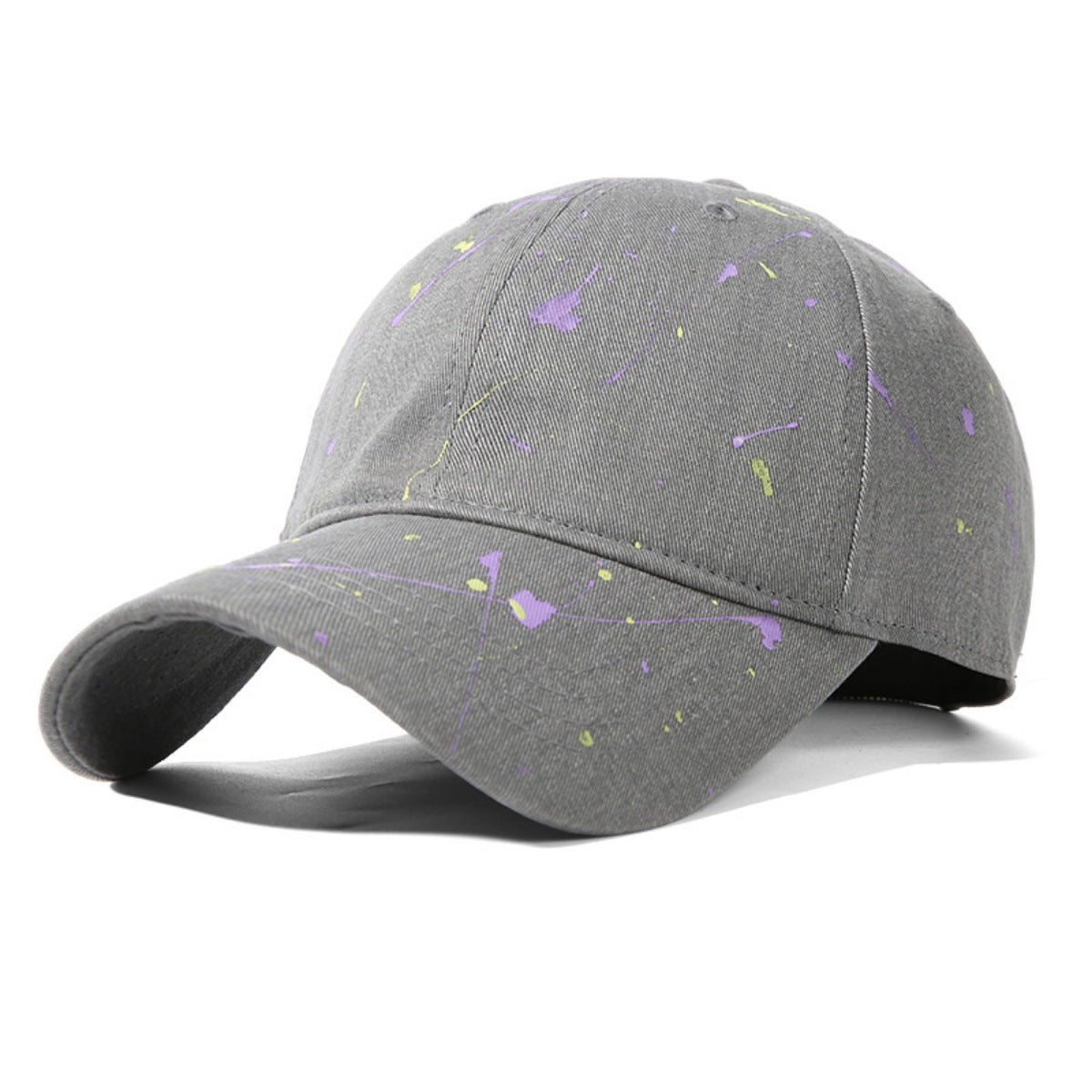 Gray cotton baseball cap with purple and yellow splatter paint detail.