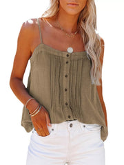 Pleated Button-down Spaghetti Strap Cami in Khaki, close-up detail