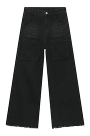 Dark wide-leg denim cargo pants with frayed hems and large front pockets.