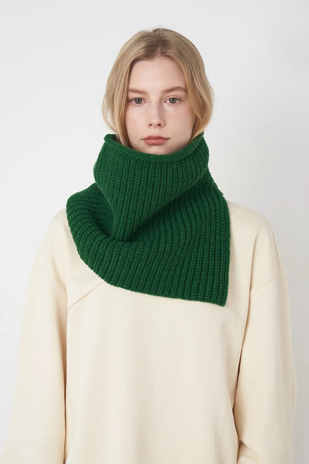 Dark green ribbed neck warmer with extended panel, cozy knit accessory