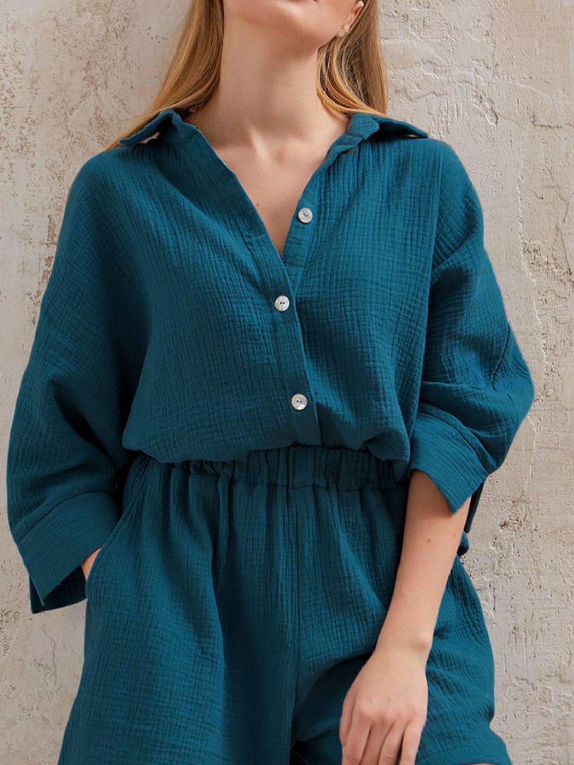 Deep Teal Gauze Cotton Resort Shirt & Short Set with button front and elastic waist shorts