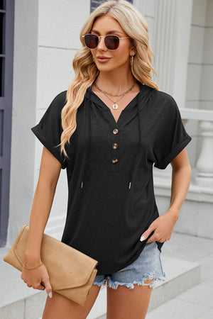 Dark Gray Henley hooded tee with rolled sleeves, V-neck, buttons, and drawstring.