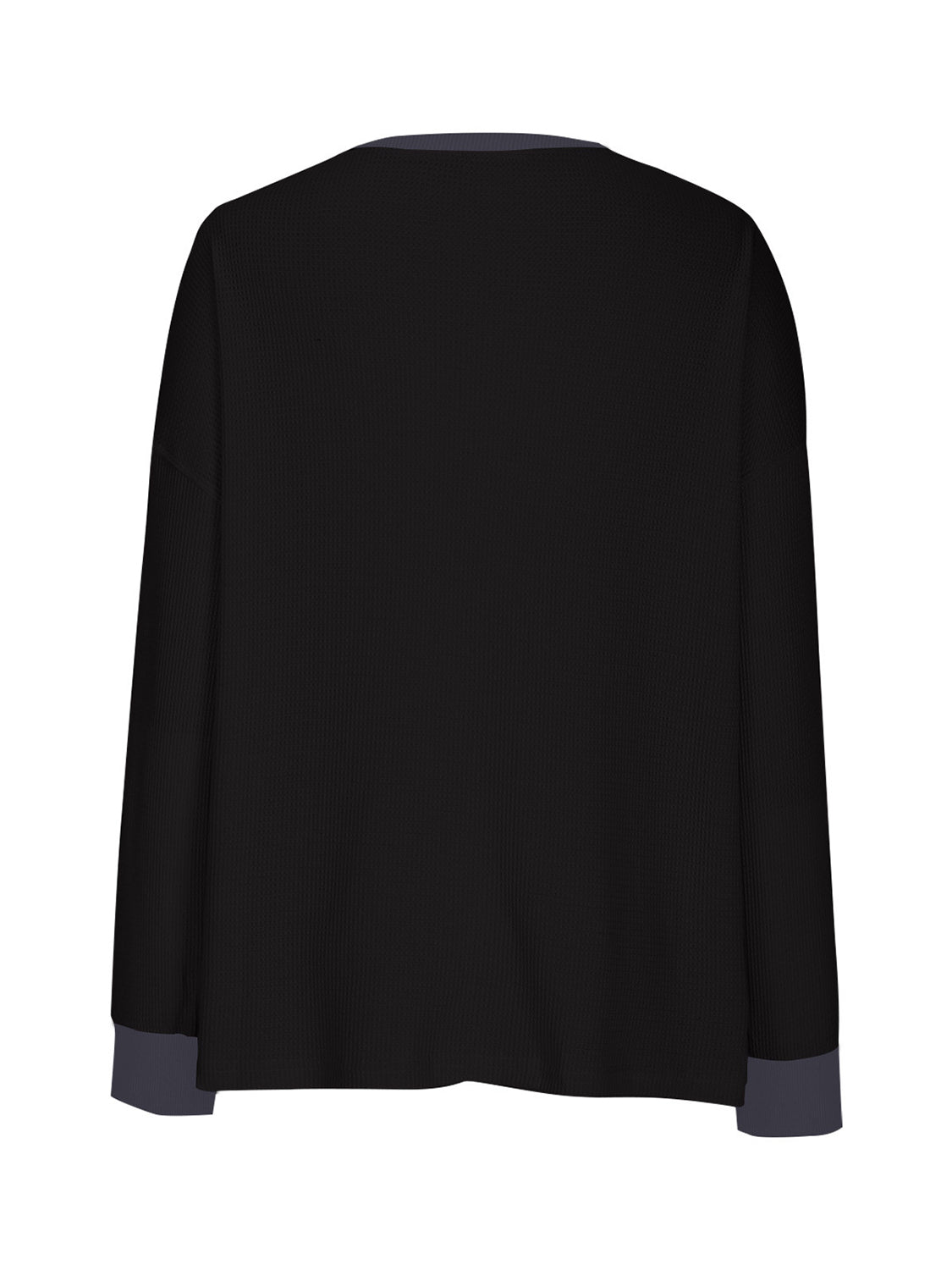 Black waffle knit raglan sleeve sweatshirt with contrasting gray cuffs and neckline.