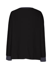 Black waffle knit raglan sleeve sweatshirt with contrasting gray cuffs and neckline.