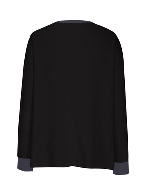 Black waffle knit raglan sleeve sweatshirt with contrasting gray cuffs and neckline.
