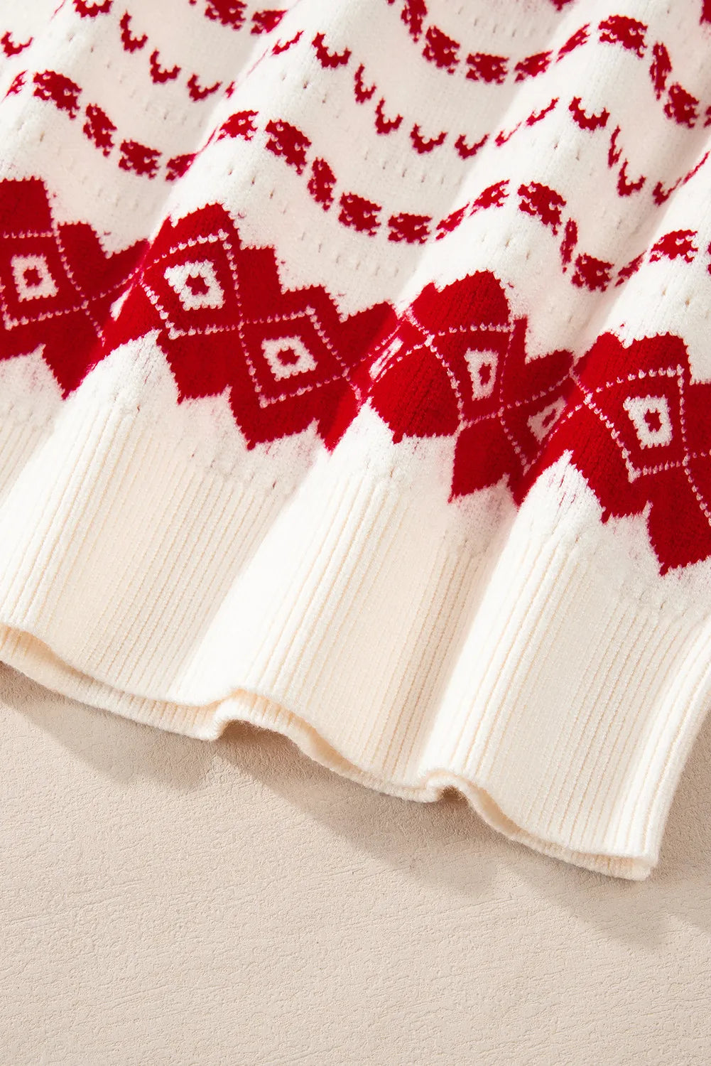 Fair Isle knit crewneck pullover in white with red geometric pattern details