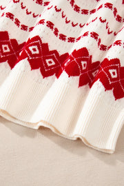 Fair Isle knit crewneck pullover in white with red geometric pattern details