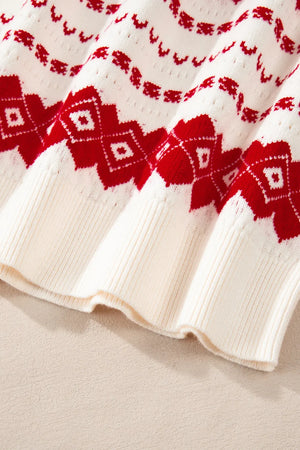 Fair Isle knit crewneck pullover in white with red geometric pattern details