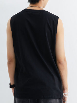 Men's black cotton tank top, crew neck, sleeveless, relaxed fit