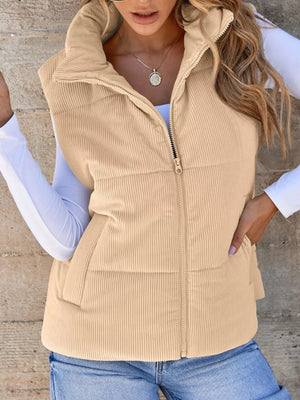 Apricot ribbed corduroy zip-up vest coat with pockets and stand-up collar.