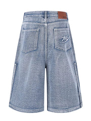 Men's Wide Leg Denim Capris in Blue, close-up detail
