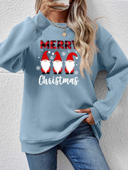 Misty Blue Christmas gnome graphic sweatshirt with plaid "MERRY" text and snowflakes.