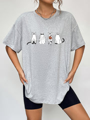 Grey graphic t-shirt with spooky cat and ghost print