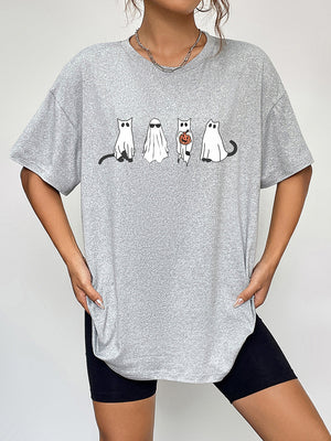 Grey graphic t-shirt with spooky cat and ghost print