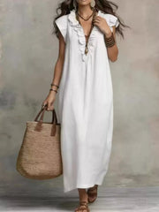 Bohemian Ruffle Neck Maxi Dress Plus Size in Blue, front view