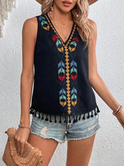 Black embroidered V-neck tank top with tassels and colorful bohemian pattern.