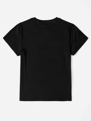 Black crew neck t-shirt with short sleeves and a textured graphic detail.