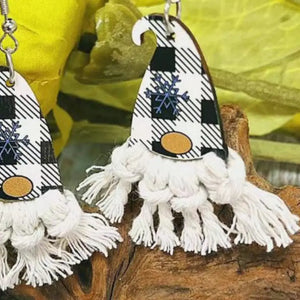 Gnome hat macrame drop earrings with black buffalo plaid and white fringe.