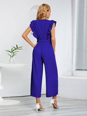 Dark Blue pleated ruffle wrap jumpsuit with belt and wide legs.