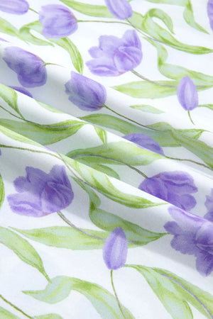 Lavender tulip print midi dress with pockets
