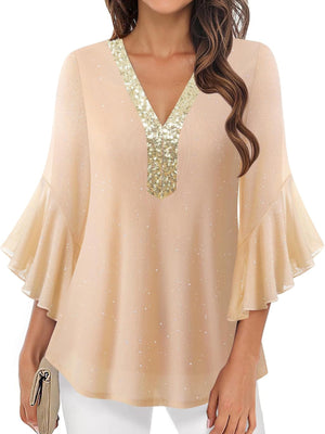 Apricot sequin v-neck blouse with flutter sleeves and glitter detail.