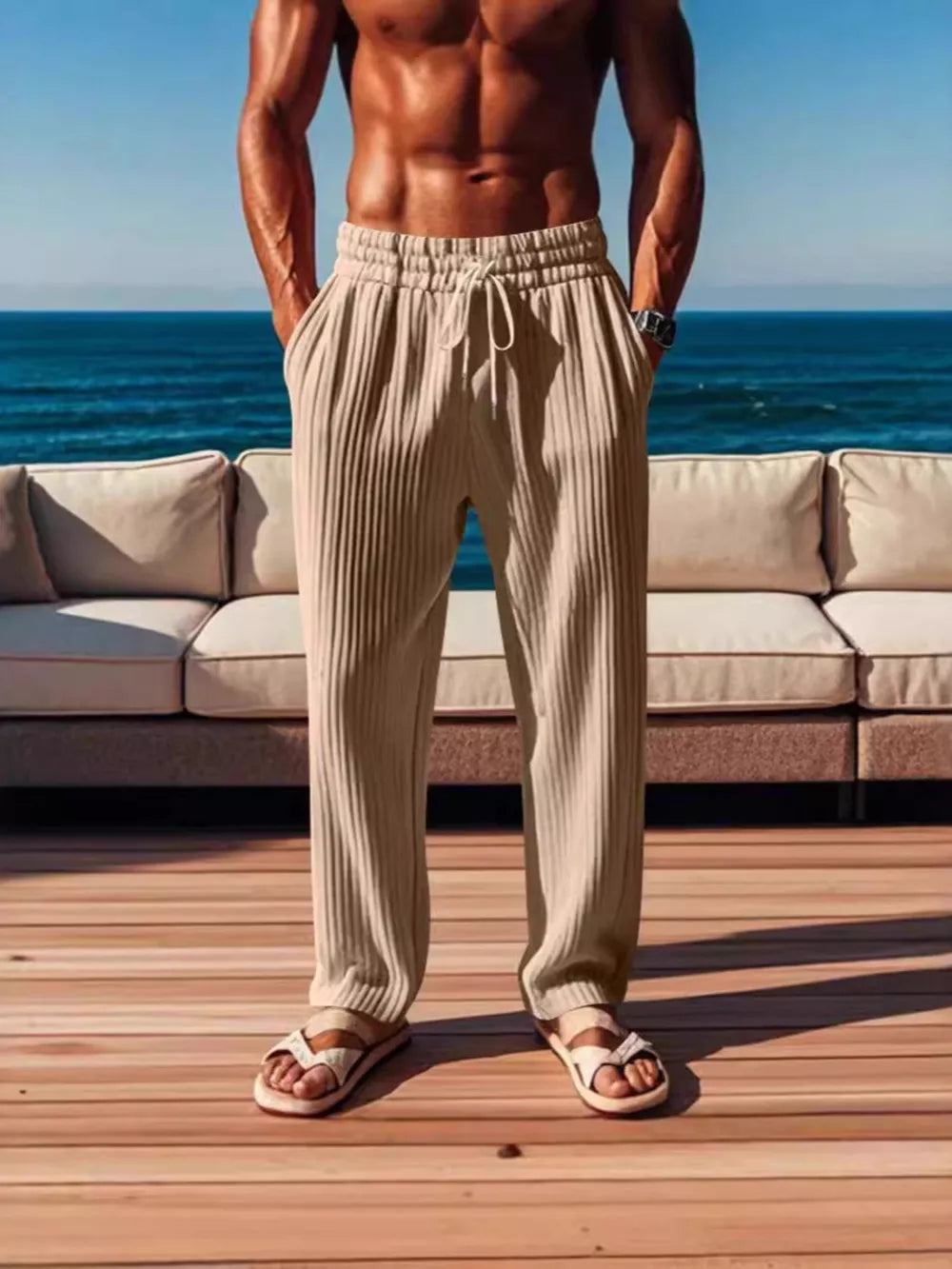 Men's Ribbed Knit Wide-leg Sweatpants Plus Size, fit detail