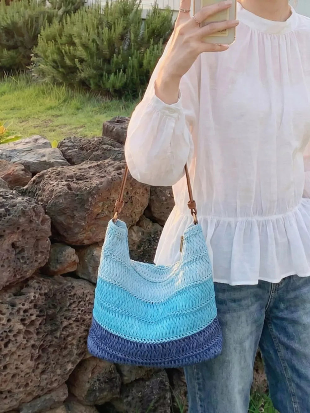 Straw Woven Shoulder Bag in Blue, back view