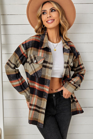 Relaxed plaid shacket with patch pockets in blue/orange and khaki tones.