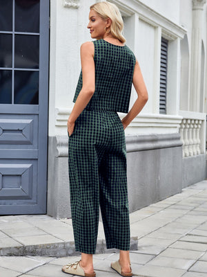 Gingham cropped tank and wide leg pants set in army green with black checks.