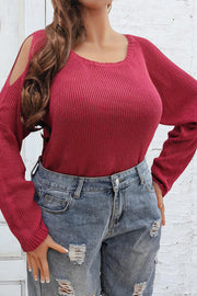 Deep red ribbed knit pullover sweater with open shoulders and a scoop neckline.