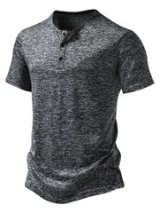 Men's dark gray mélange cotton short sleeve slim fit henley tee with curved hem.