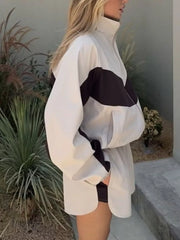 Color Block Zip Up Outerwear And Shorts Set in Green, close-up detail
