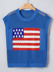 Blue knit sleeveless crew neck top with an American flag graphic and open knit details.