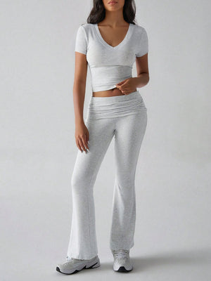 Light gray ribbed flare leg lounge pants with ruched waistband