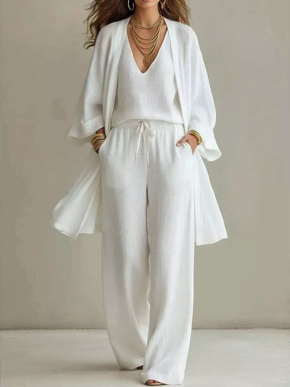 Relaxed V-neck Top And Cardigan Set