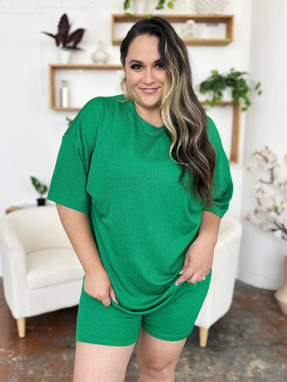 Textured boxy tee and biker shorts set in mid green, casual outfit