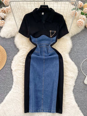 Buttoned denim patchwork bodycon dress with collared neckline and chain detail.