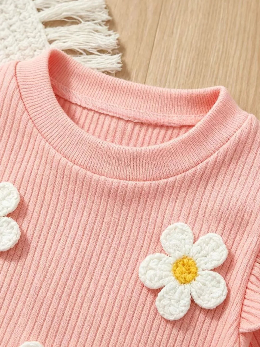 Children's Daisy Ruffled Ribbed Top & Flare Pants Set in Pink, close-up detail