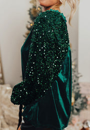 Dark green velvet blouse with sequin panel sleeves and crew neck.