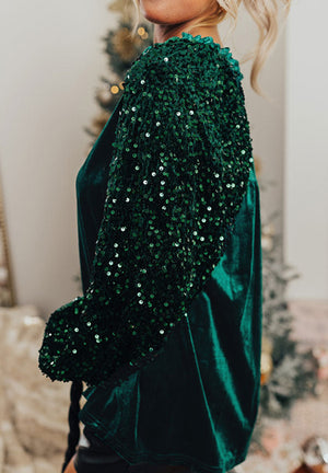 Dark green velvet blouse with sequin panel sleeves and crew neck.