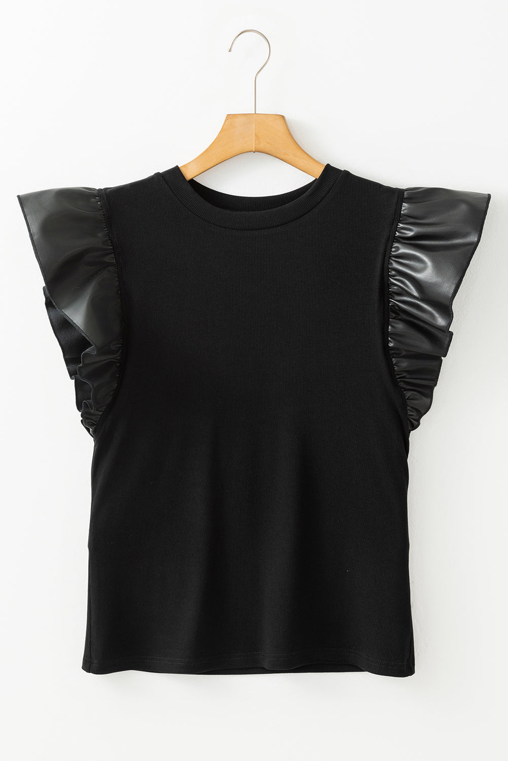 Black ribbed top with ruffled faux leather short sleeves