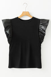 Black ribbed top with ruffled faux leather short sleeves