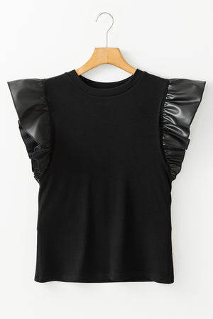 Black ribbed top with ruffled faux leather short sleeves