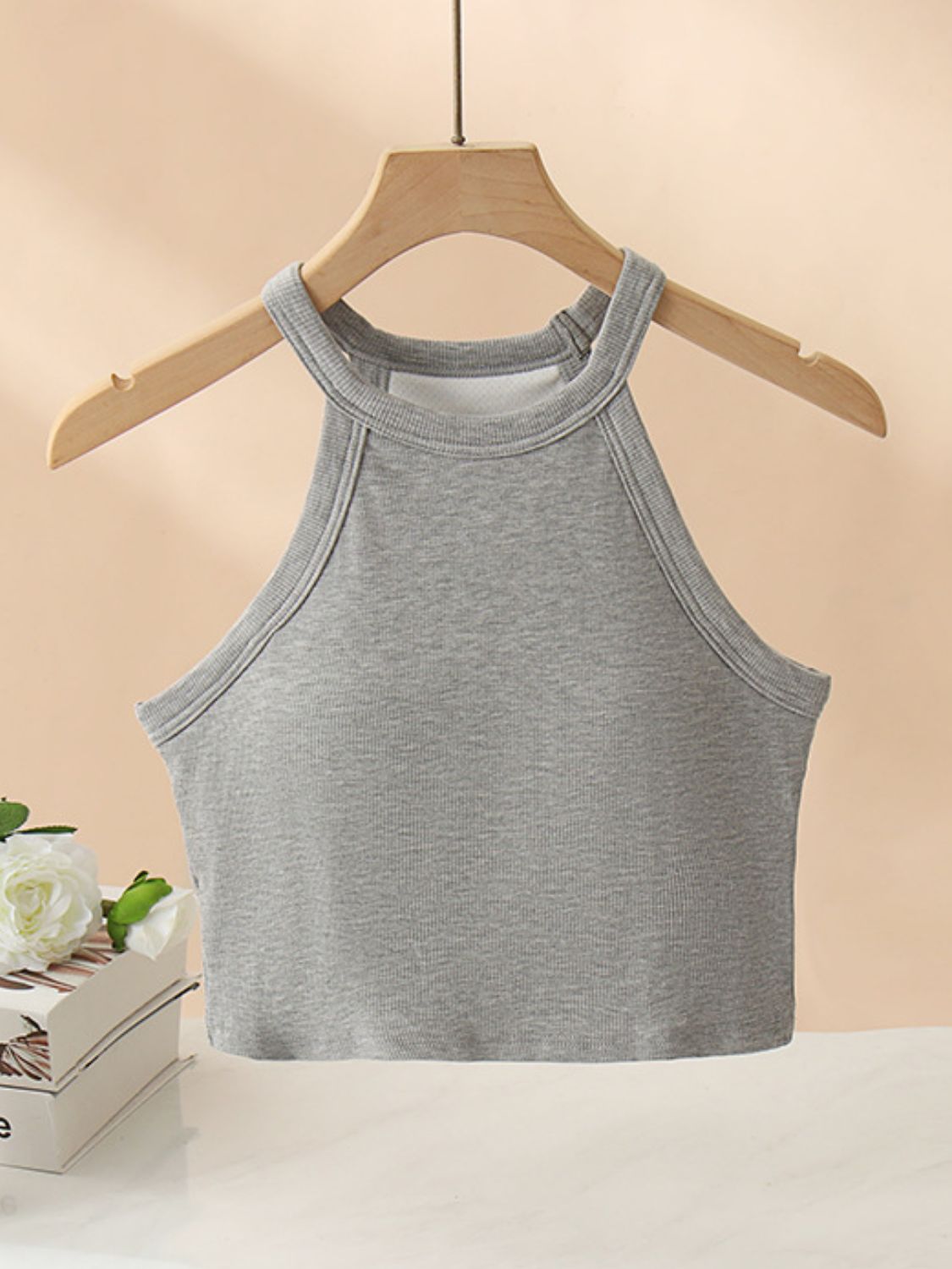 Gray ribbed halter crop top with contrast stitching detail