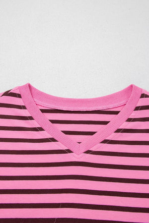 Stripe V Neck Drop Shoulder Long Sleeve Shirt, editorial view