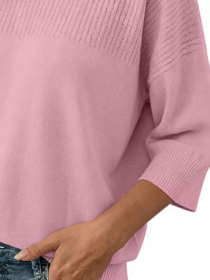 Elegant Crew Neck Eyelet Ribbed Sweater in Pink, view 12